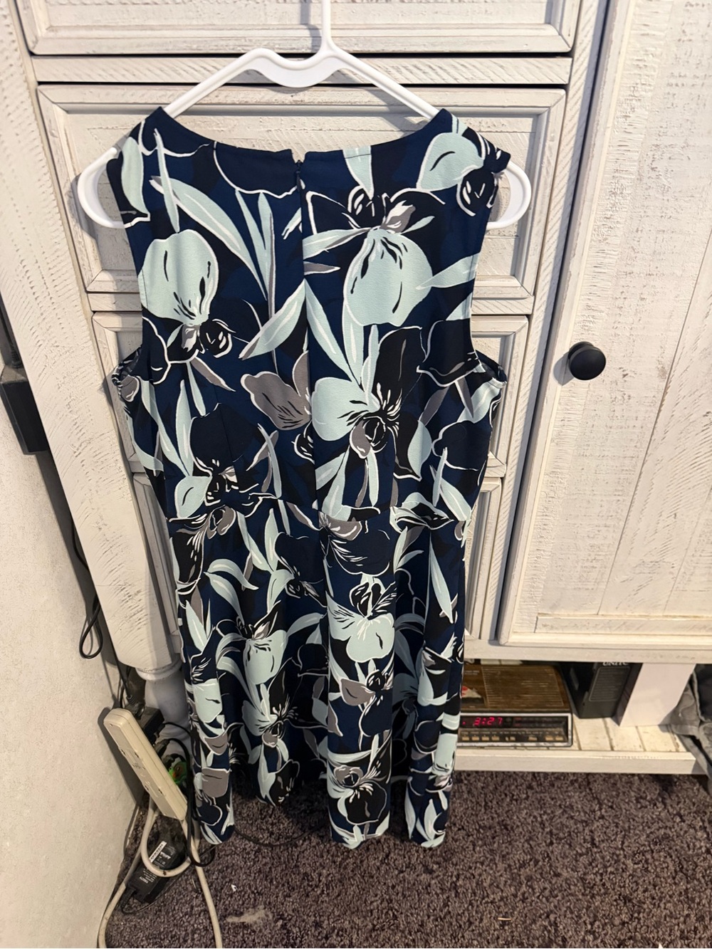 Ann Taylor Navy Floral Midi Dress with Light Blue and Gray Accents